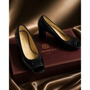 Bruno Magli Black Patent Leather Peep Toe Heels Italy Sz 37 NEW w Box Dust Bags